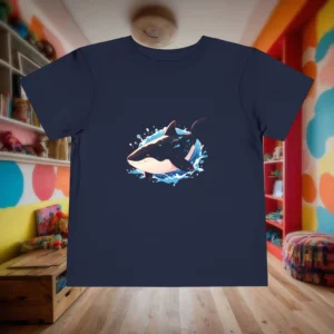 Flat lay of navy toddler t-shirt with an orca whale cartoon and water splash