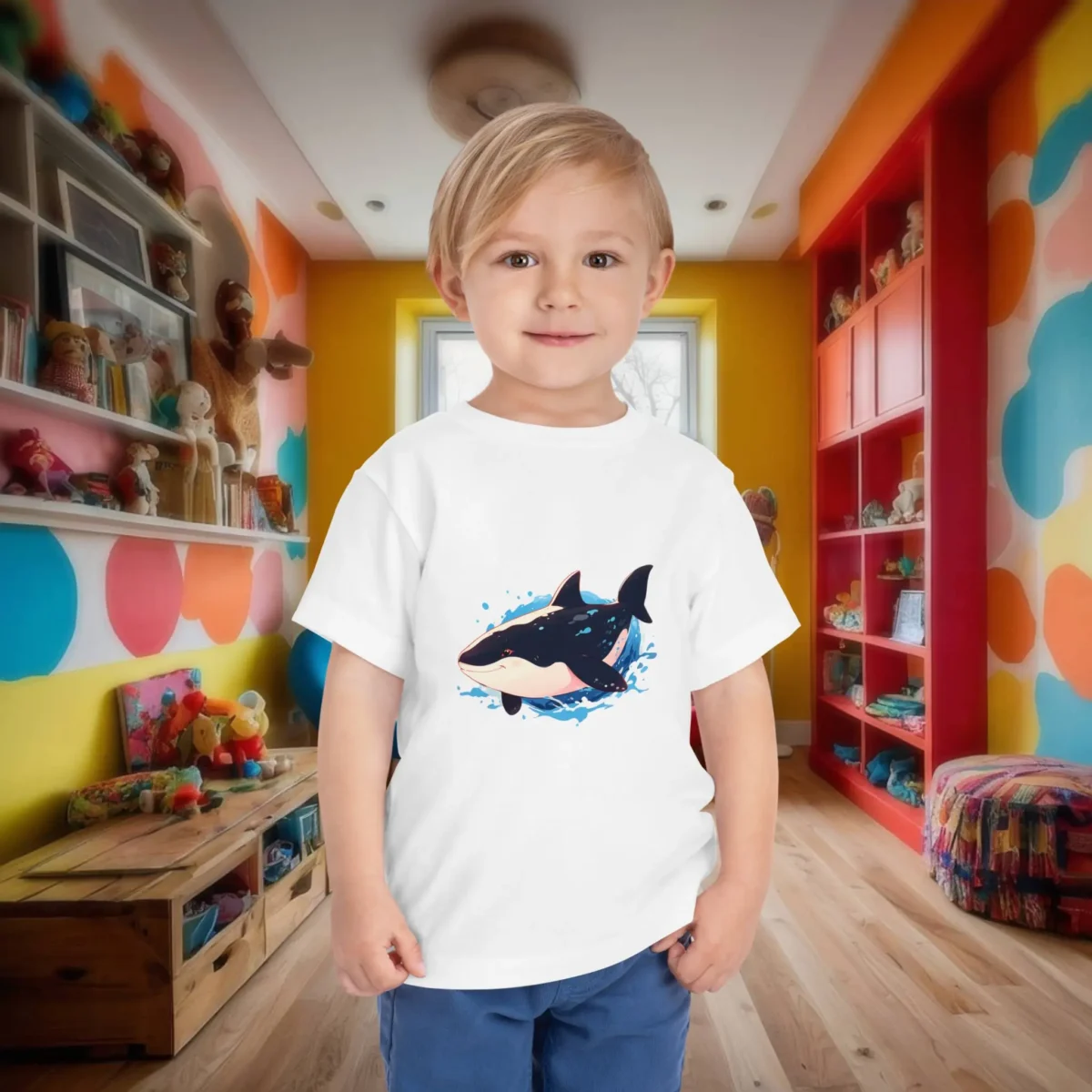 Toddler in a white t-shirt with a cartoon orca whale swimming in water