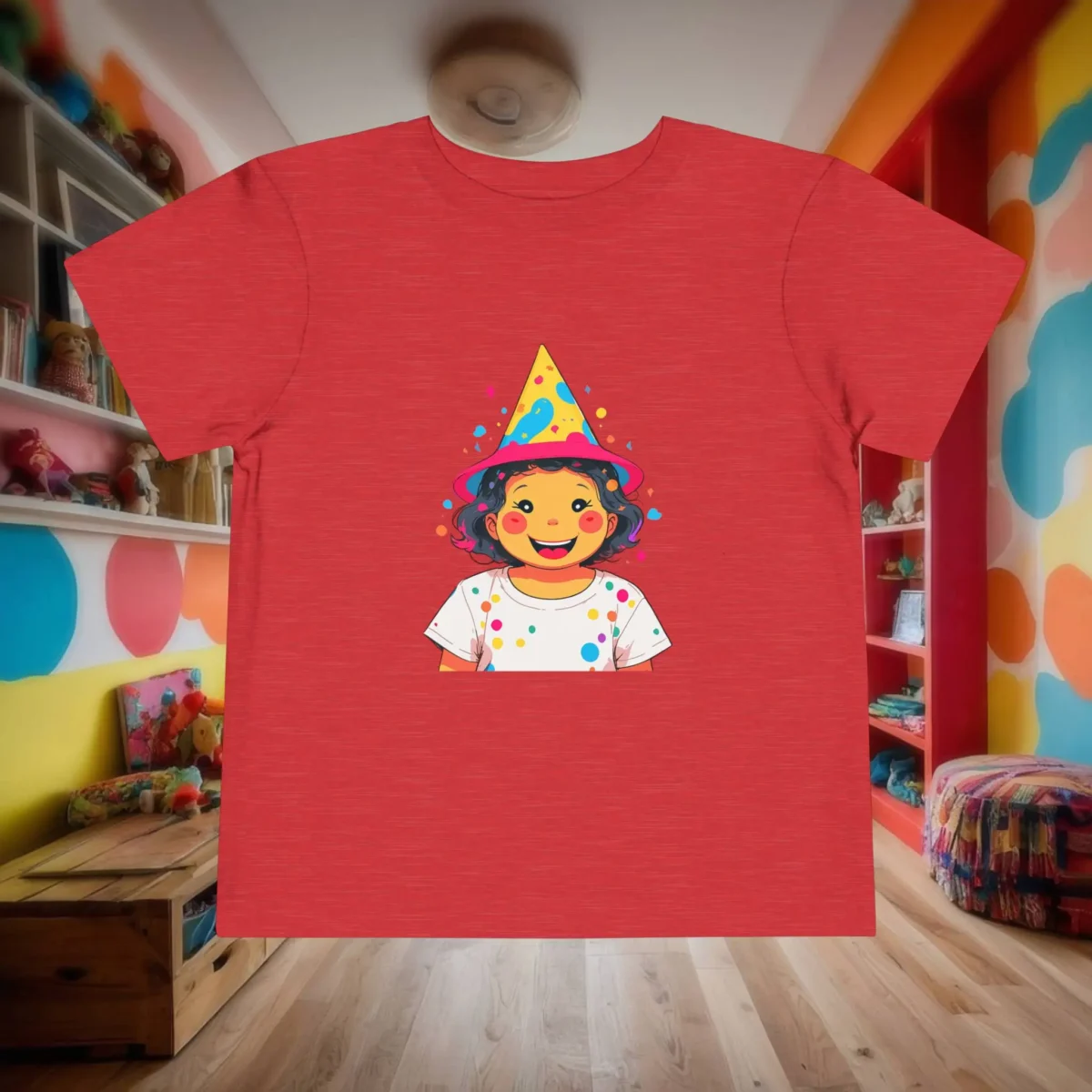 Flat lay of red toddler t-shirt with cartoon character wearing a party hat and confetti background.