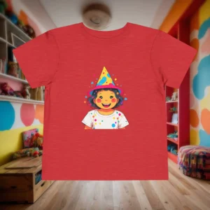 Flat lay of red toddler t-shirt with cartoon character wearing a party hat and confetti background.