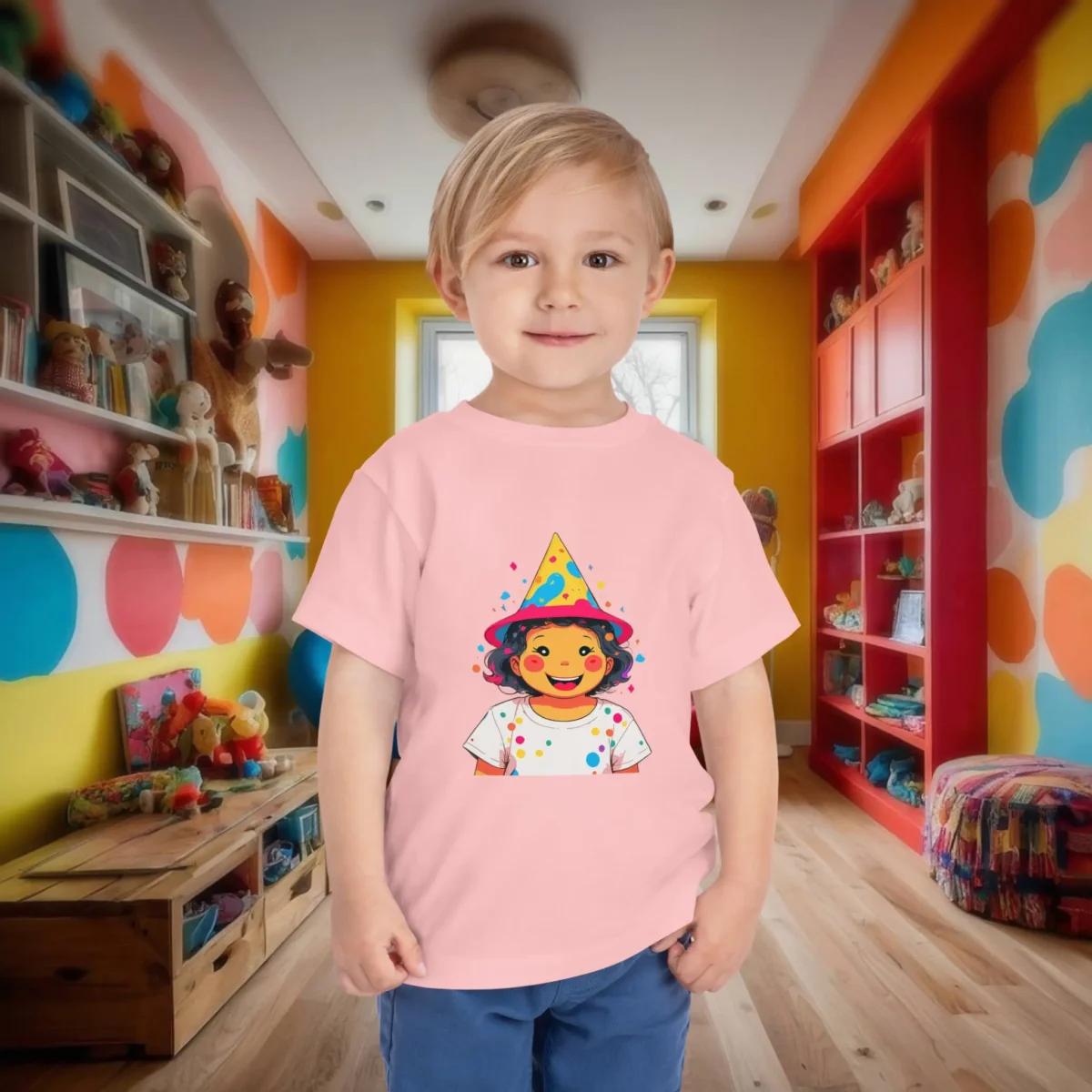 Toddler wearing a pink t-shirt with a colorful cartoon character in a party hat and confetti design.