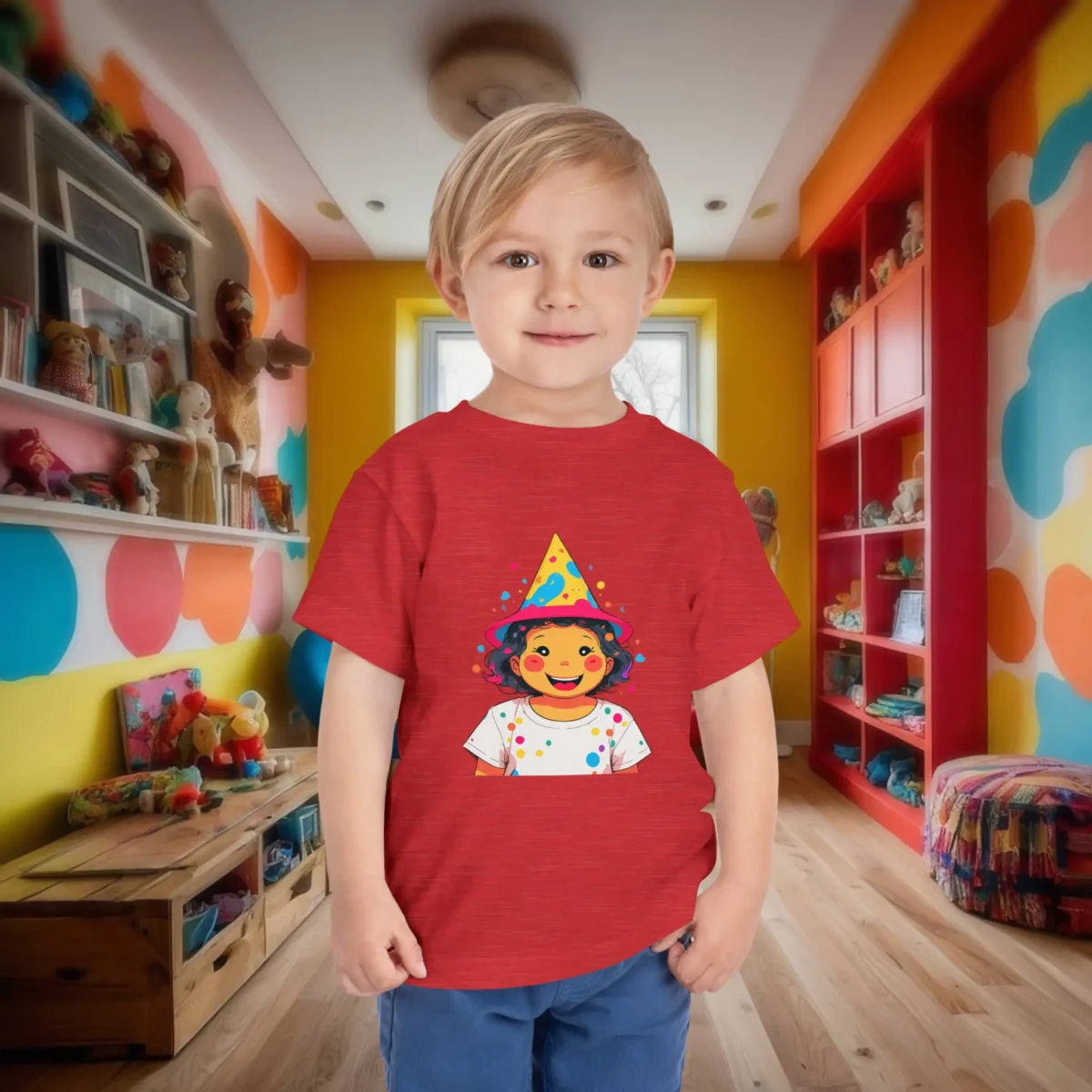 Toddler wearing a red t-shirt with a cartoon character smiling in a colorful party hat and confetti.