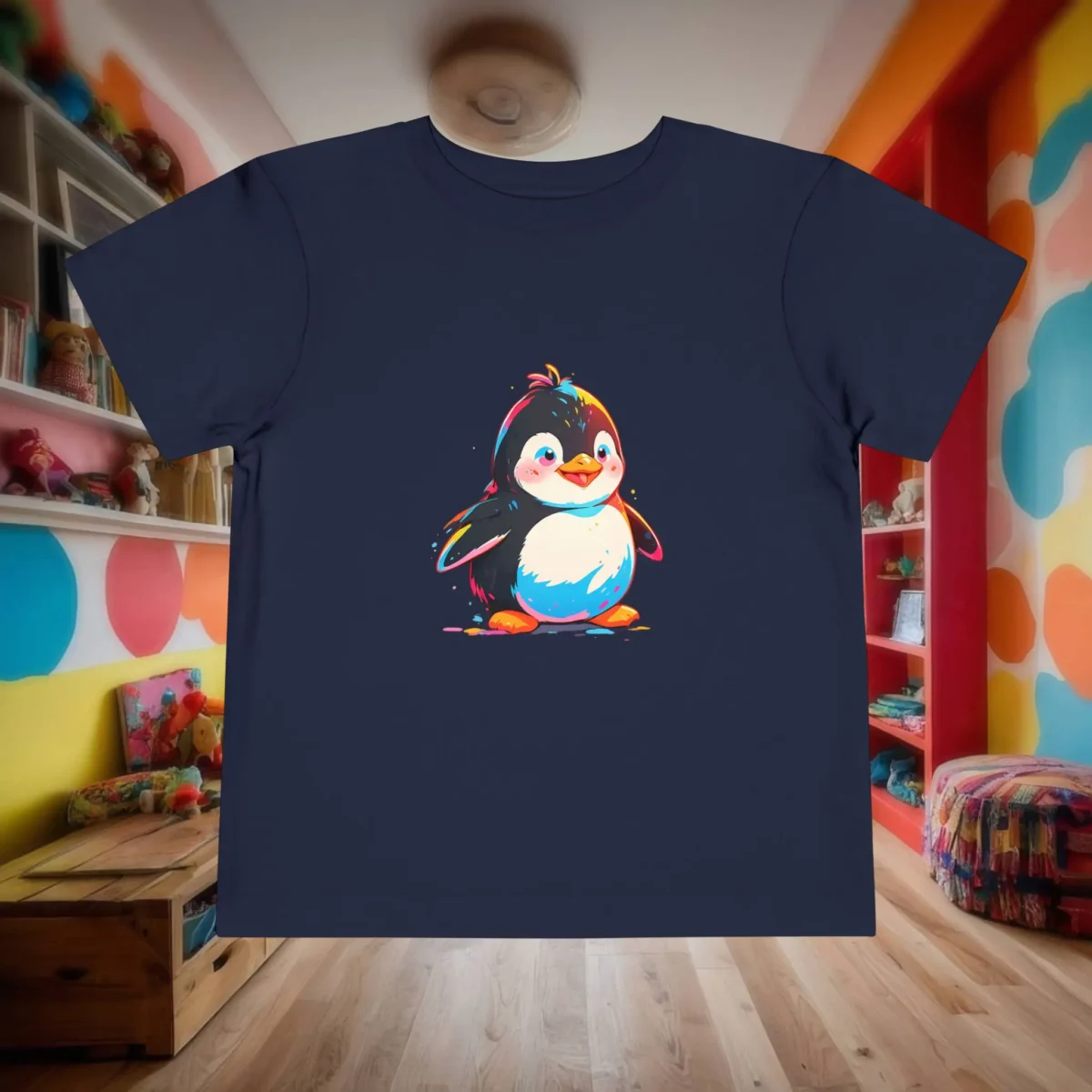Flat lay of navy toddler t-shirt with cute colorful cartoon penguin illustration.