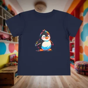 Flat lay of navy toddler t-shirt with cute colorful cartoon penguin illustration.