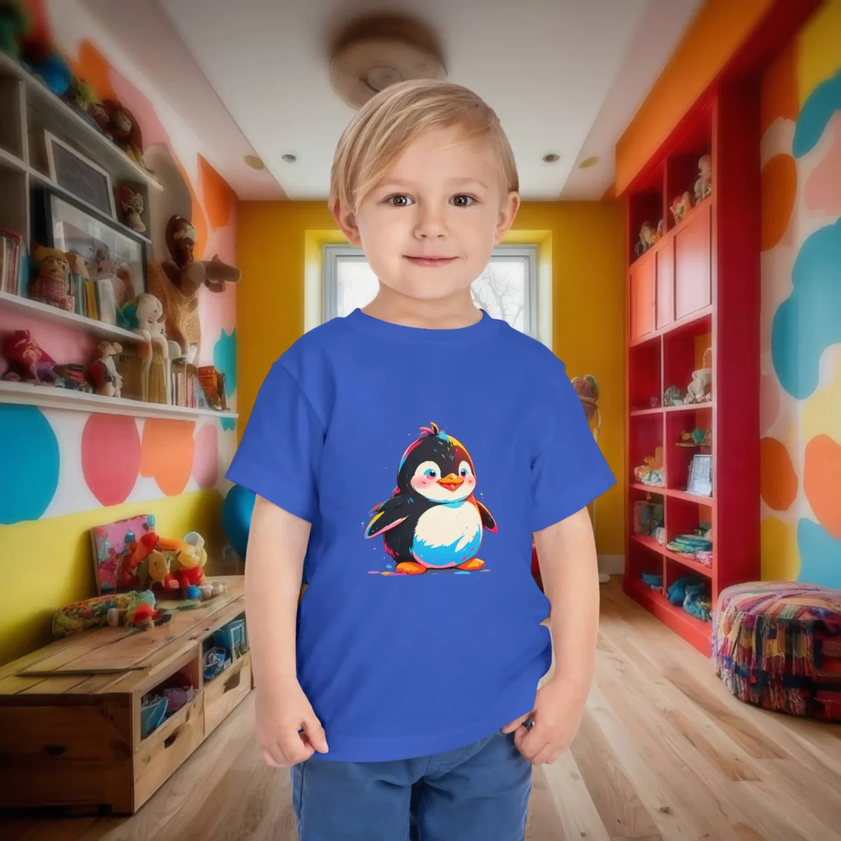 Toddler in blue t-shirt with a colorful cartoon penguin illustration.