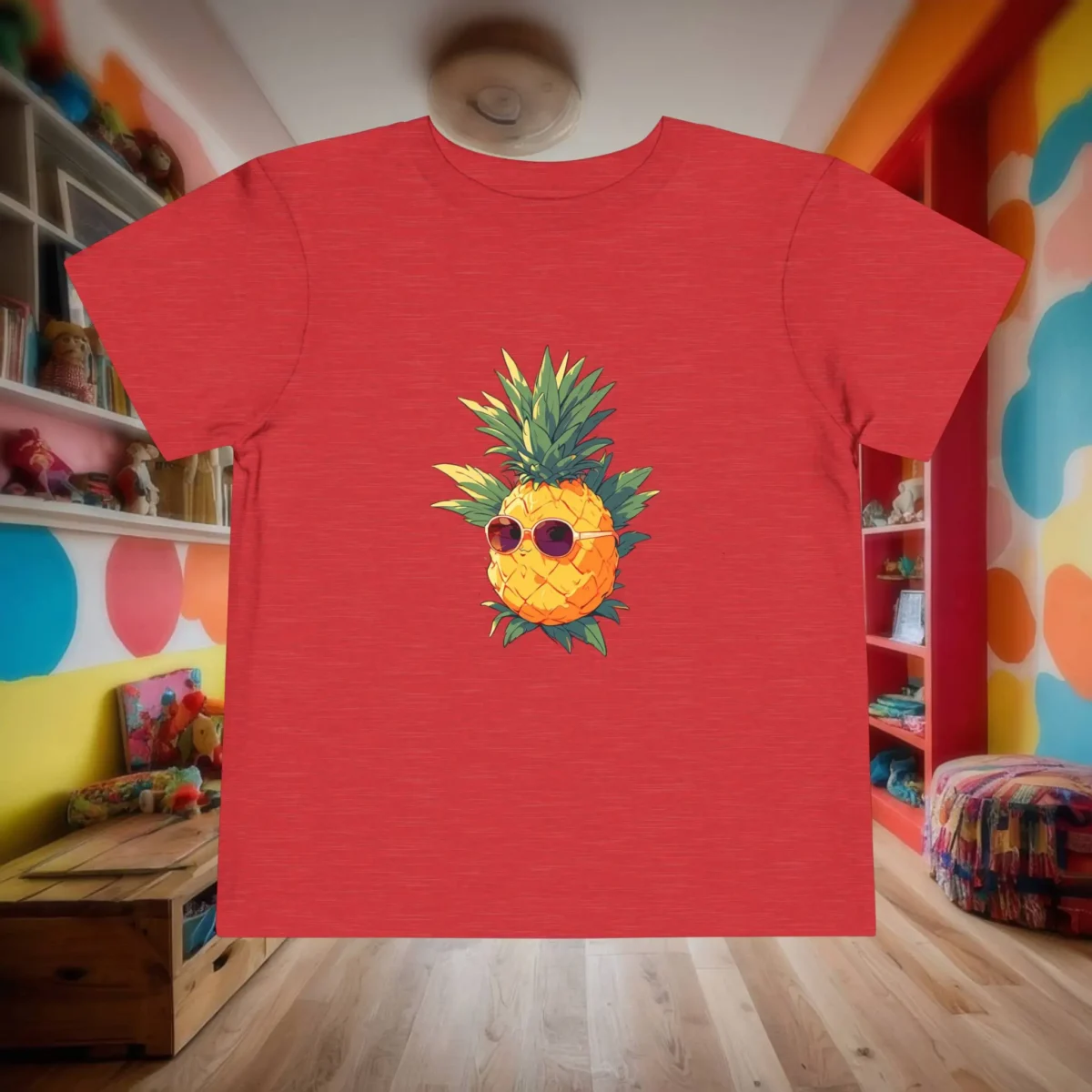 Red toddler t-shirt with cartoon pineapple wearing sunglasses, laid flat in a colorful kids' room.