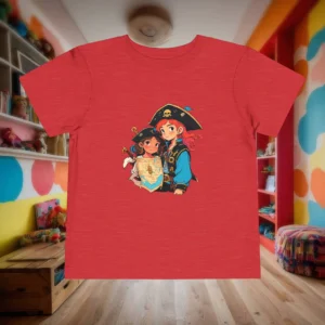Red toddler t-shirt laid flat with pirate boy and girl holding a map illustration.