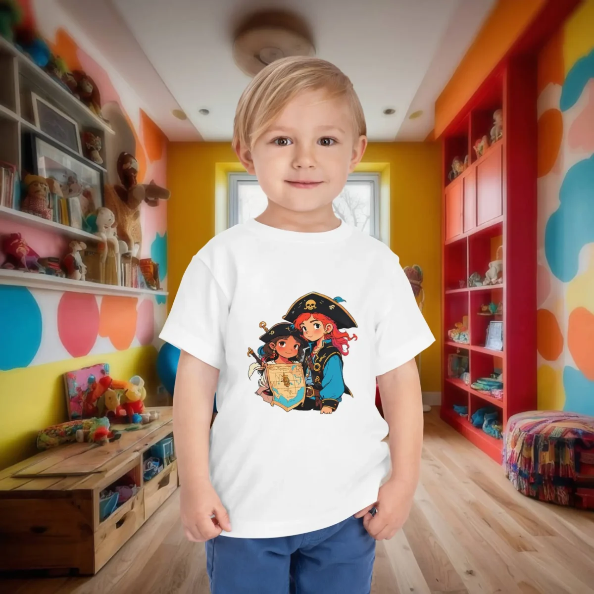 Toddler in white t-shirt with cartoon pirate boy and girl reading a treasure map.