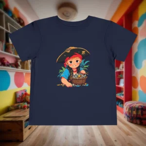 Navy toddler t-shirt laid flat with cartoon pirate boy holding a treasure chest.