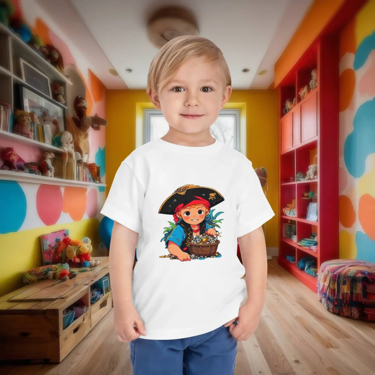 Toddler in white t-shirt featuring cartoon pirate boy with treasure, standing in colorful room.