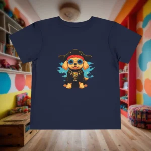 Flat navy toddler t-shirt with cute pirate dog character design.
