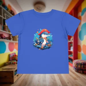 Flat-lay blue toddler t-shirt with cartoon pirate dolphin holding treasure.