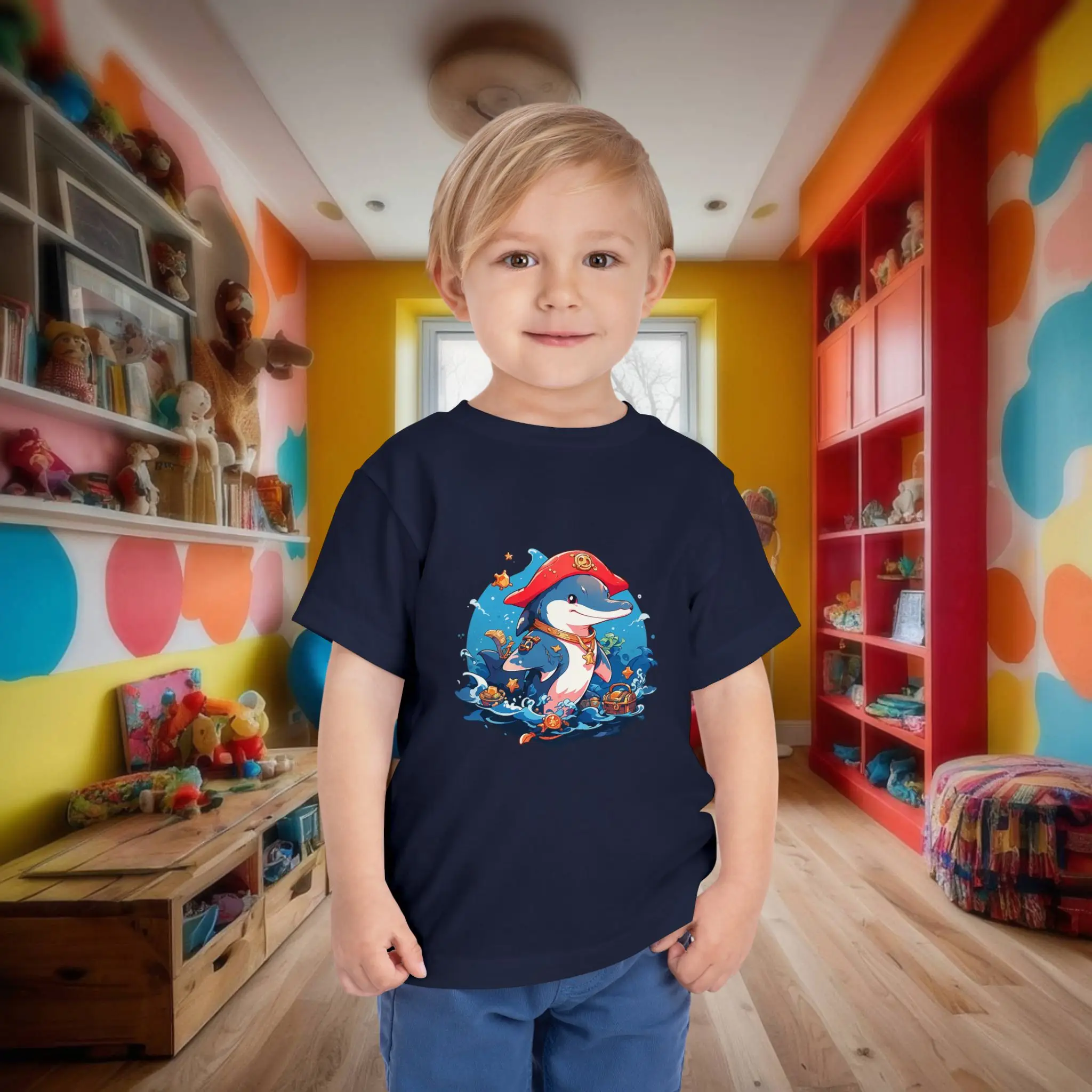 Navy Toddler T-Shirt with Pirate Dolphin Design Toddler wearing a navy t-shirt featuring a cartoon pirate dolphin with a red hat and treasure.