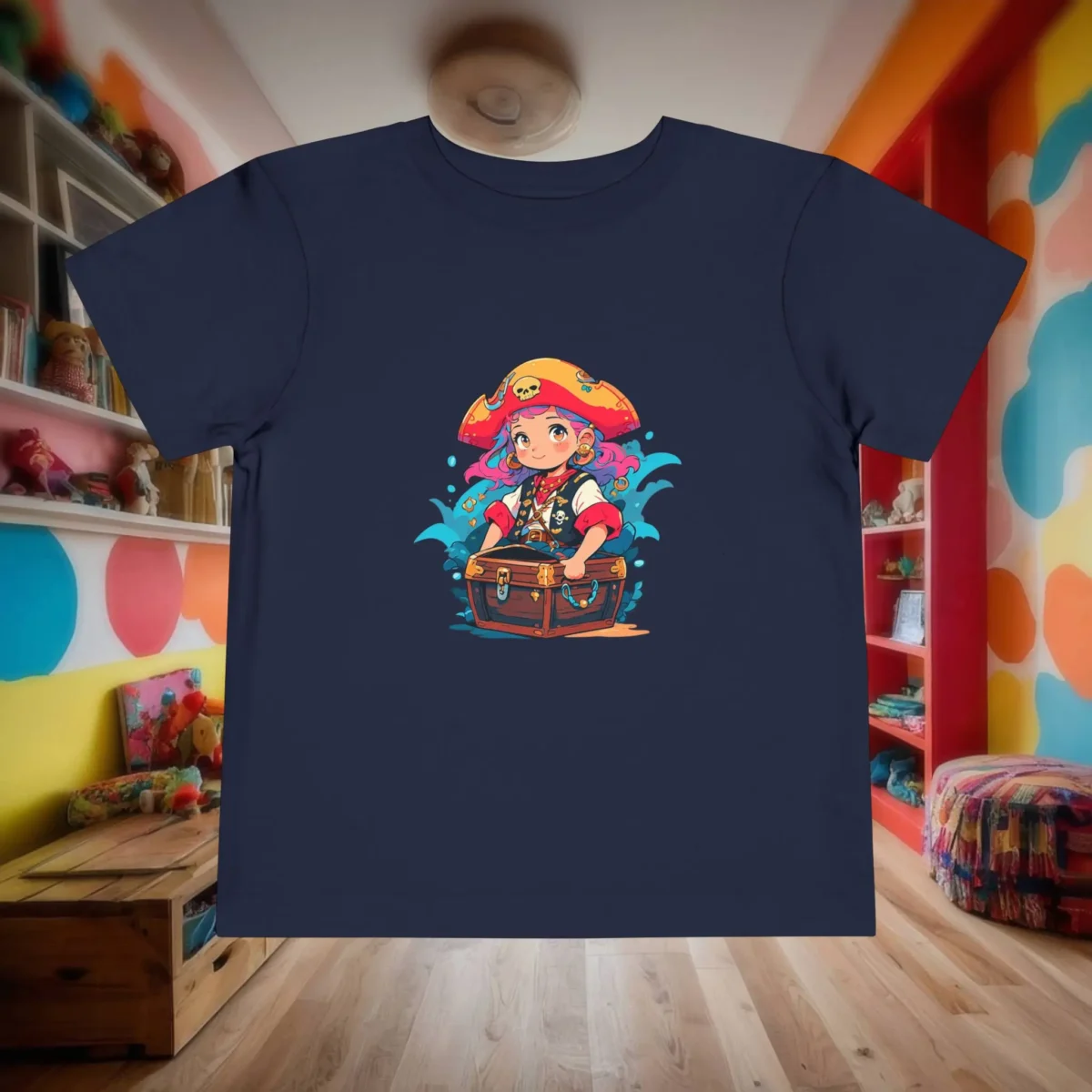 Flat-lay navy toddler t-shirt with cartoon pirate girl on a treasure chest.
