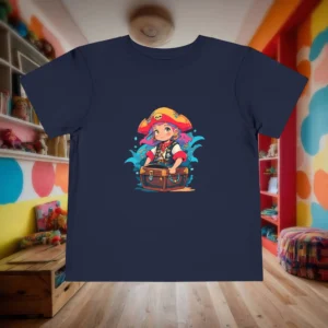 Flat-lay navy toddler t-shirt with cartoon pirate girl on a treasure chest.