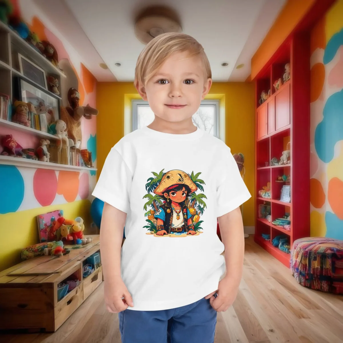 Toddler wearing a white t-shirt with a cartoon pirate kid standing on a tropical island with palm trees.