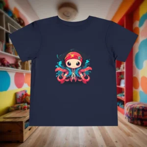 Flat-lay navy toddler t-shirt with colorful pirate octopus cartoon.