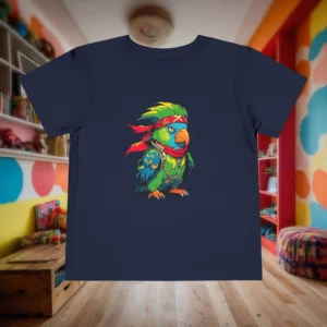 Flat-lay navy toddler t-shirt featuring a colorful pirate parrot with bandana and jewelry.
