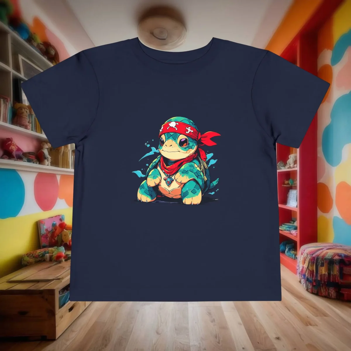 Flat-lay navy toddler t-shirt with a cute pirate sea turtle wearing a red bandana and necklace.