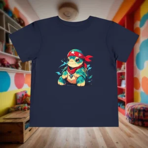 Flat-lay navy toddler t-shirt with a cute pirate sea turtle wearing a red bandana and necklace.