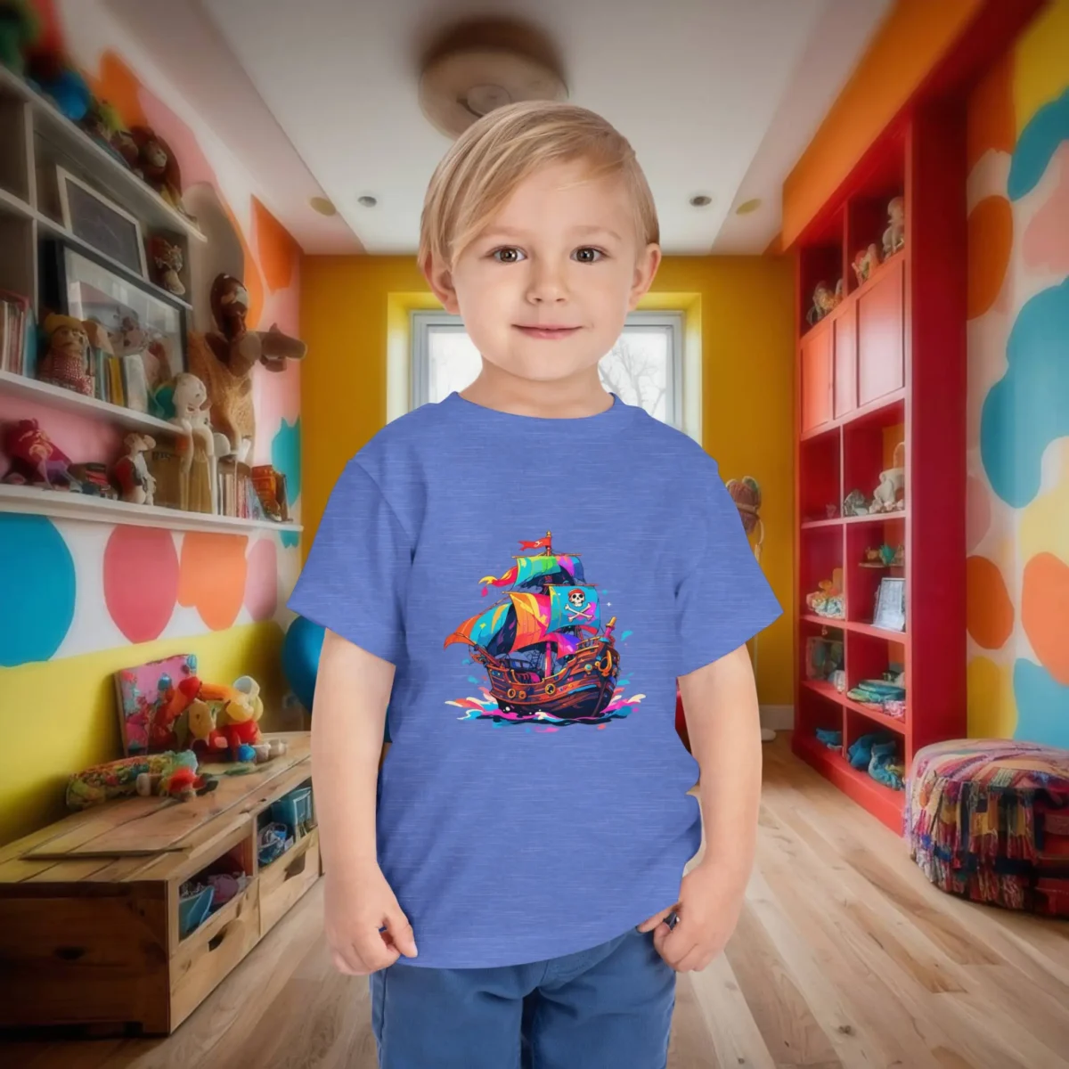 Toddler wearing a heather blue t-shirt with a multicolored pirate ship print.