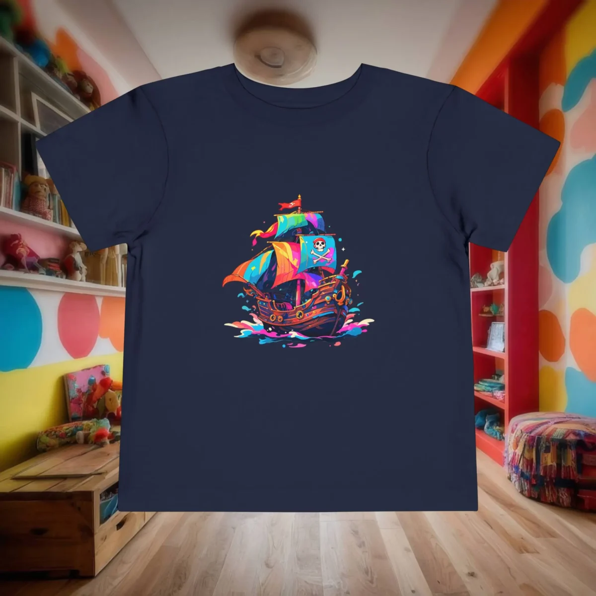 Flat-lay navy toddler t-shirt with a multicolored cartoon pirate ship illustration.