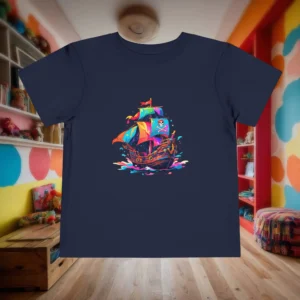 Flat-lay navy toddler t-shirt with a multicolored cartoon pirate ship illustration.