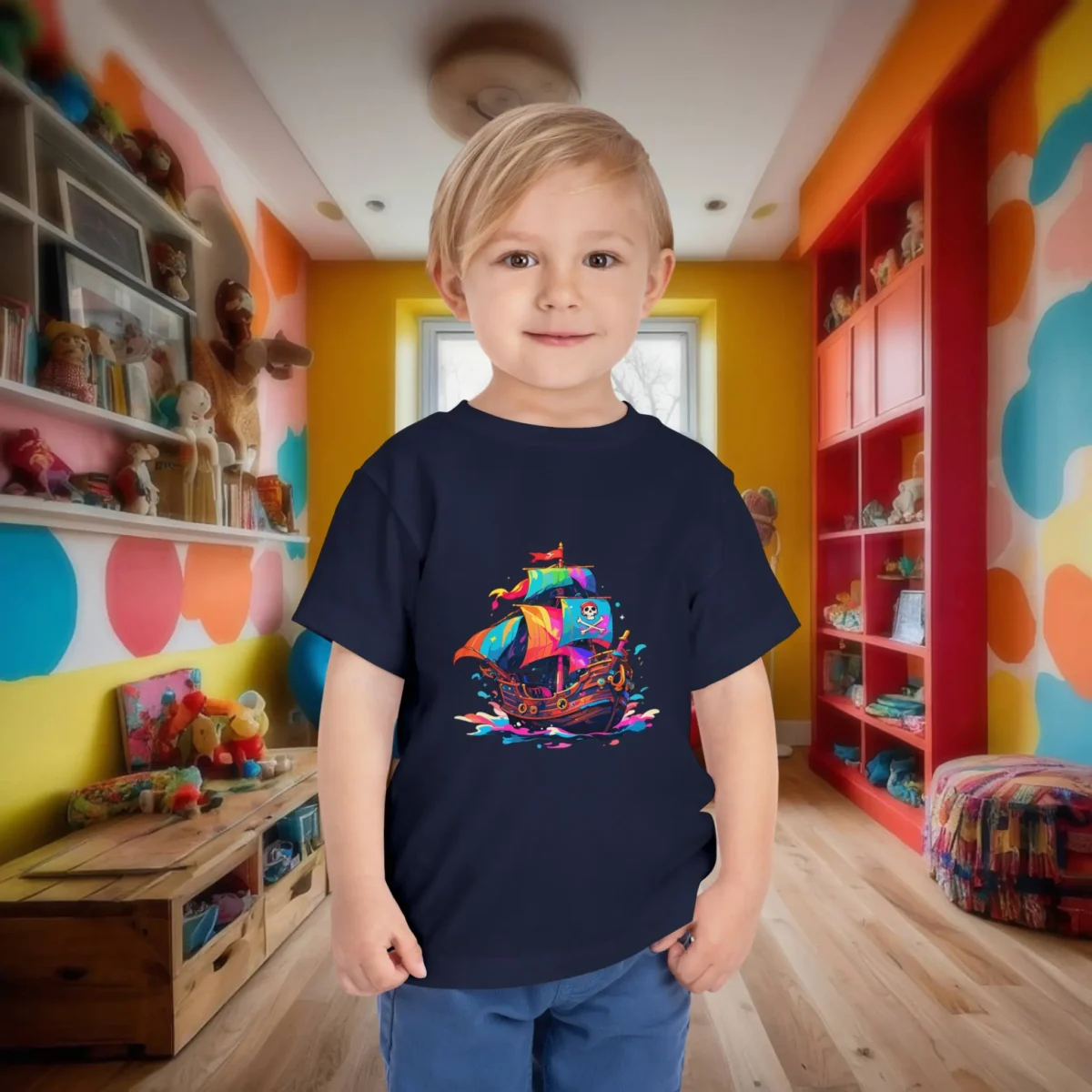 Toddler in navy t-shirt with a colorful pirate ship design in a kids' room.