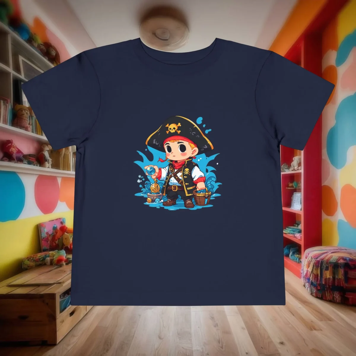 Navy toddler t-shirt featuring a cartoon pirate with treasure, laid flat in a colorful kids’ room.