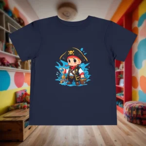 Navy toddler t-shirt featuring a cartoon pirate with treasure, laid flat in a colorful kids’ room.