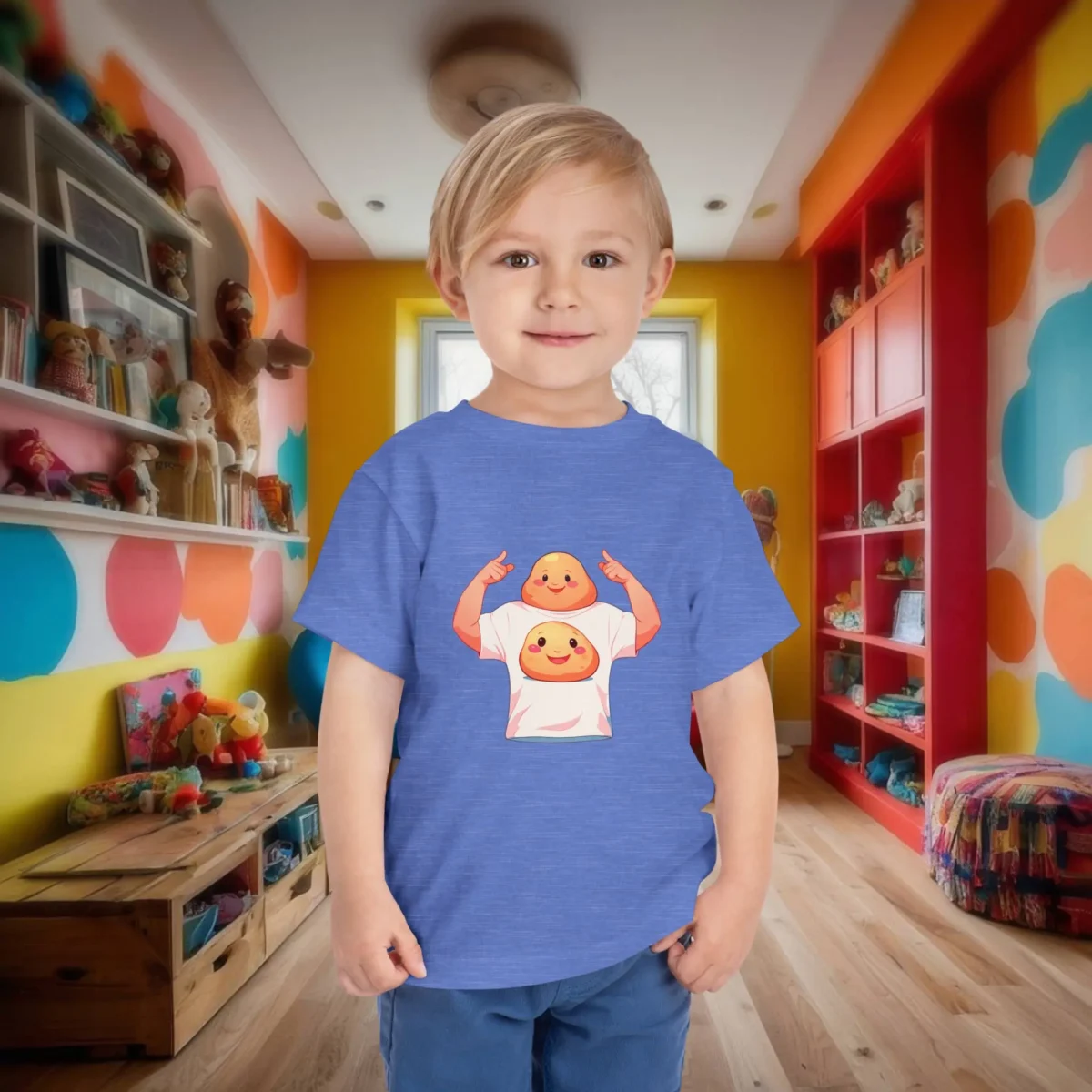 Smiling toddler wearing a blue t-shirt with a funny smiling potato character in a kid's room