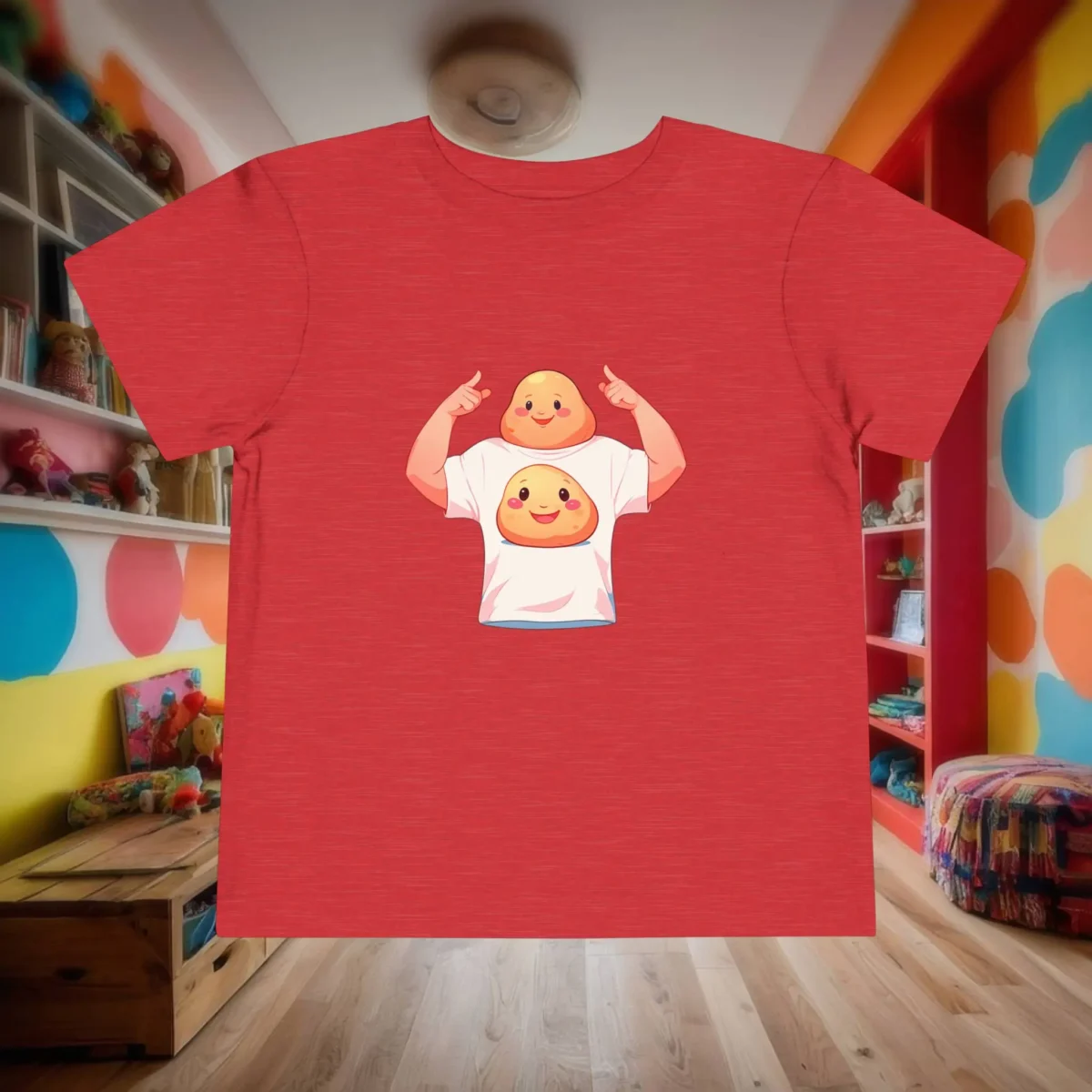 Red toddler t-shirt with a cute smiling potato pointing to itself, displayed in a children's playroom