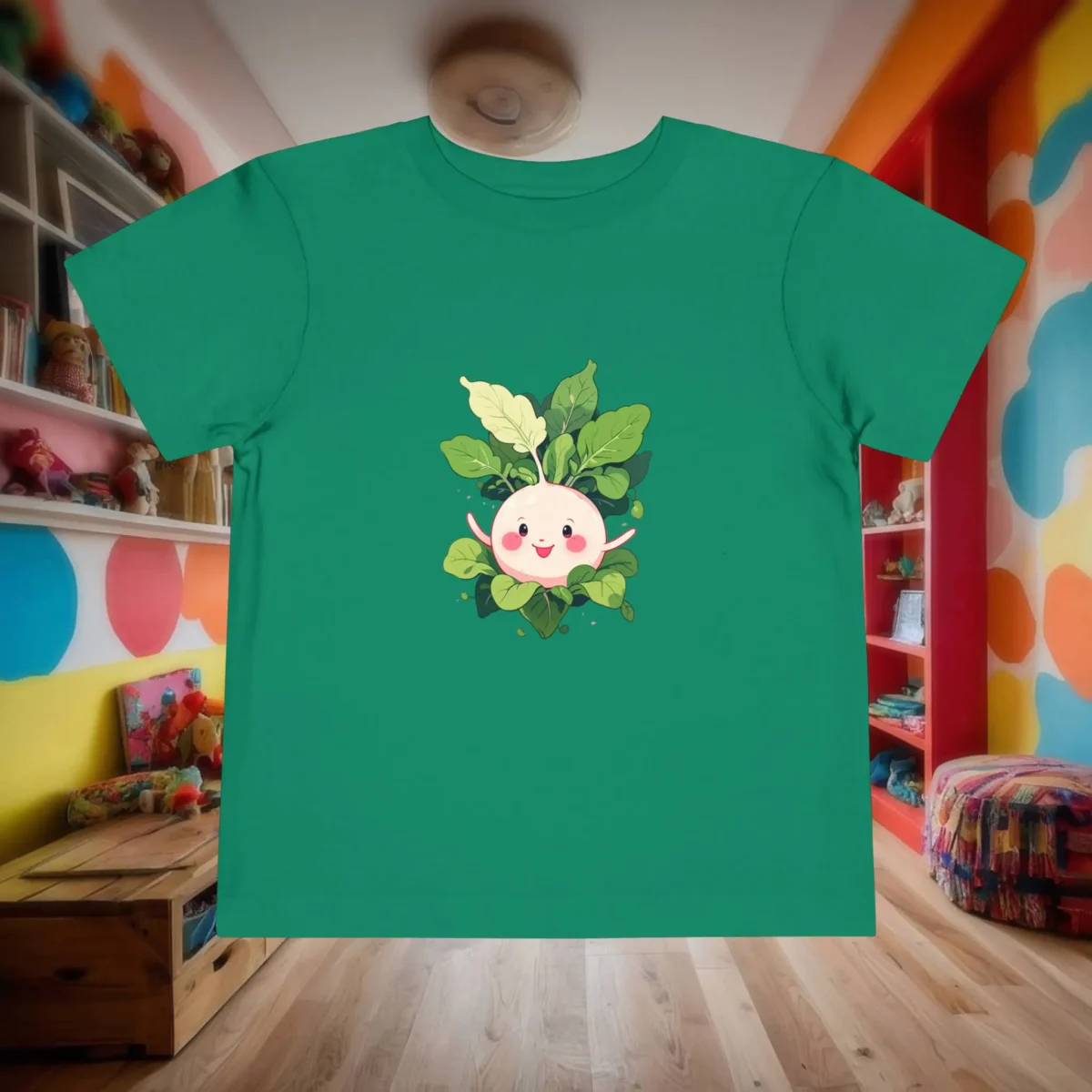 Green toddler t-shirt with a cute smiling radish surrounded by green leaves, displayed in a colorful kids’ room