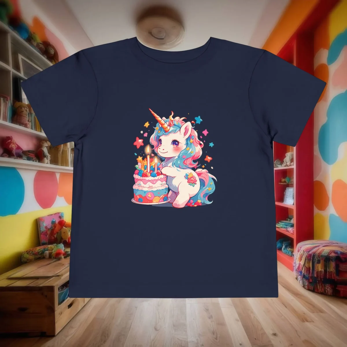 Flat lay of navy blue toddler t-shirt with a bright unicorn and cake illustration