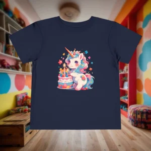 Flat lay of navy blue toddler t-shirt with a bright unicorn and cake illustration