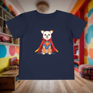 Flat lay of navy toddler t-shirt with superhero dog design on wooden floor.