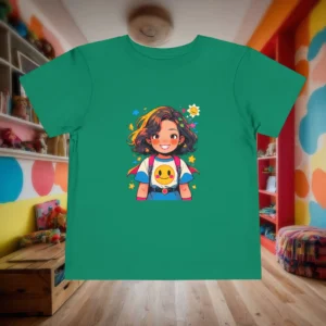 Flat lay of green toddler t-shirt with superhero girl cartoon design on wooden floor.