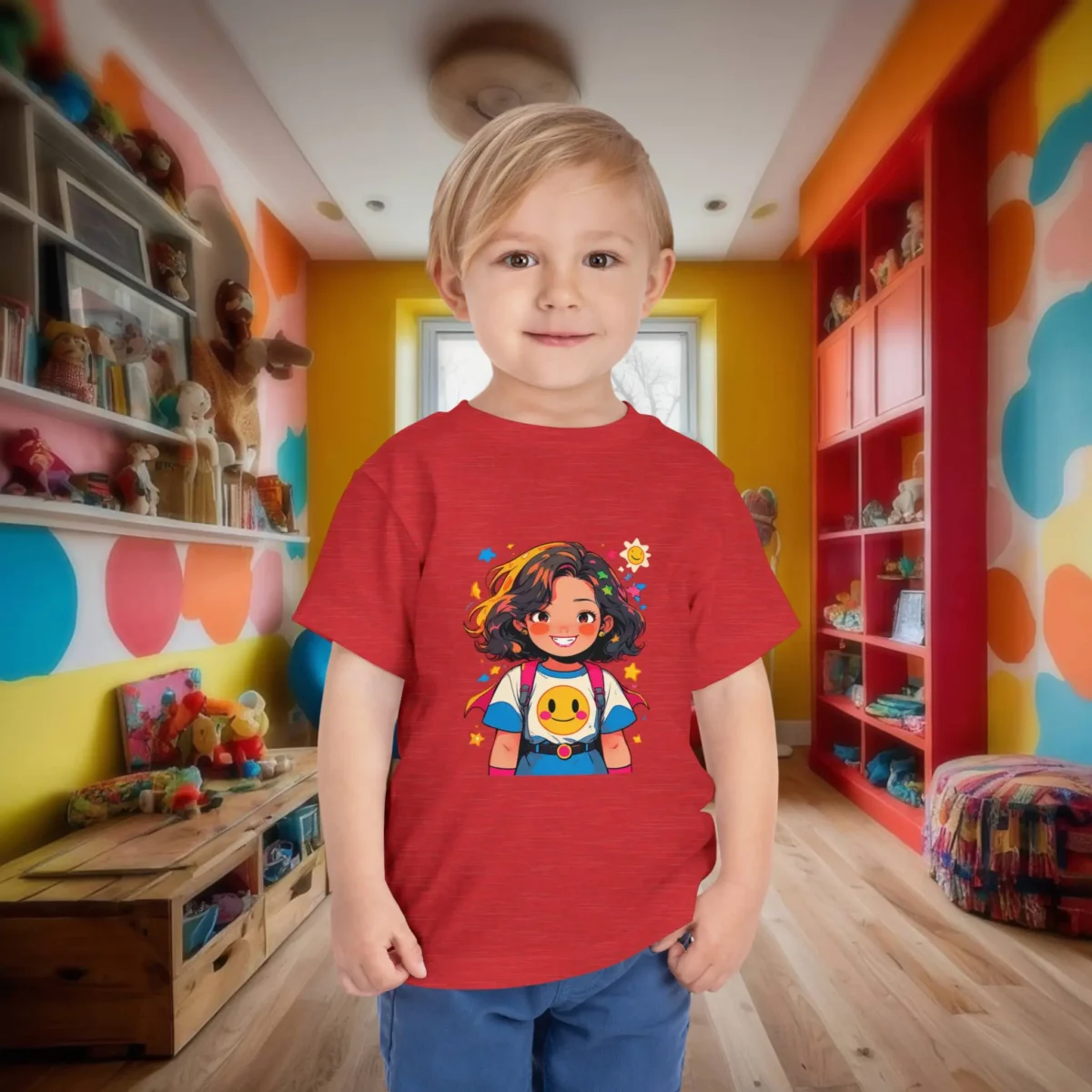 Toddler wearing red superhero girl t-shirt with cartoon design in colorful room.