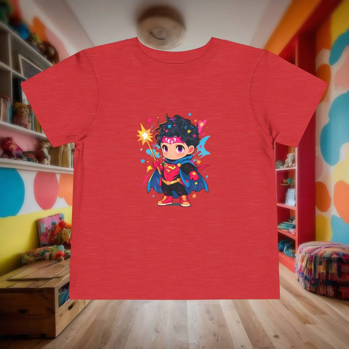 Flat lay of red heather toddler t-shirt with a cartoon superhero holding a wand