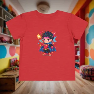 Flat lay of red heather toddler t-shirt with a cartoon superhero holding a wand