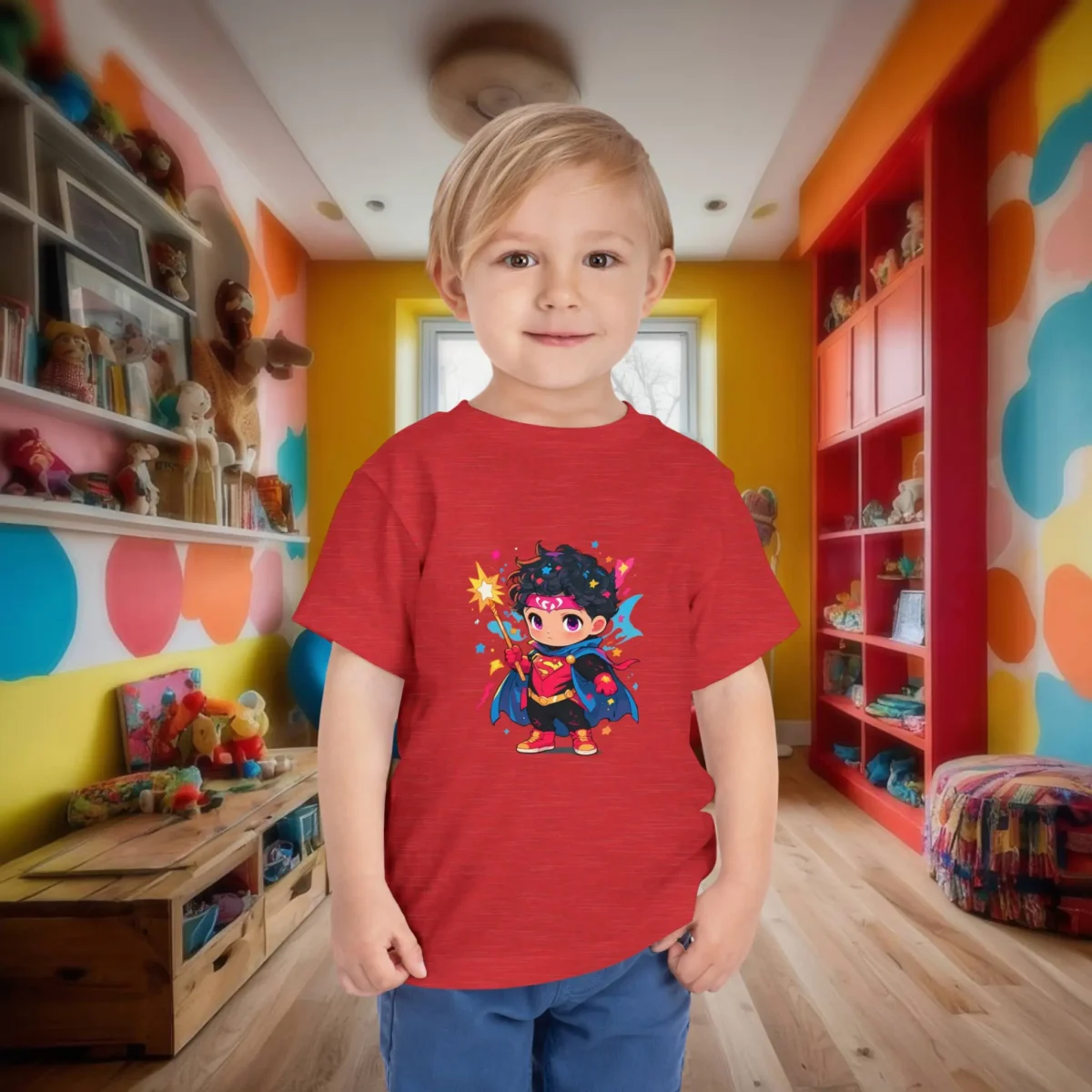 Toddler in a red t-shirt with a cute cartoon superhero casting a spell