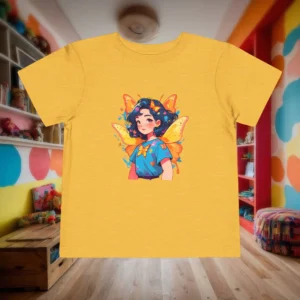 Flat lay of yellow toddler t-shirt with superheroine butterfly girl illustration.