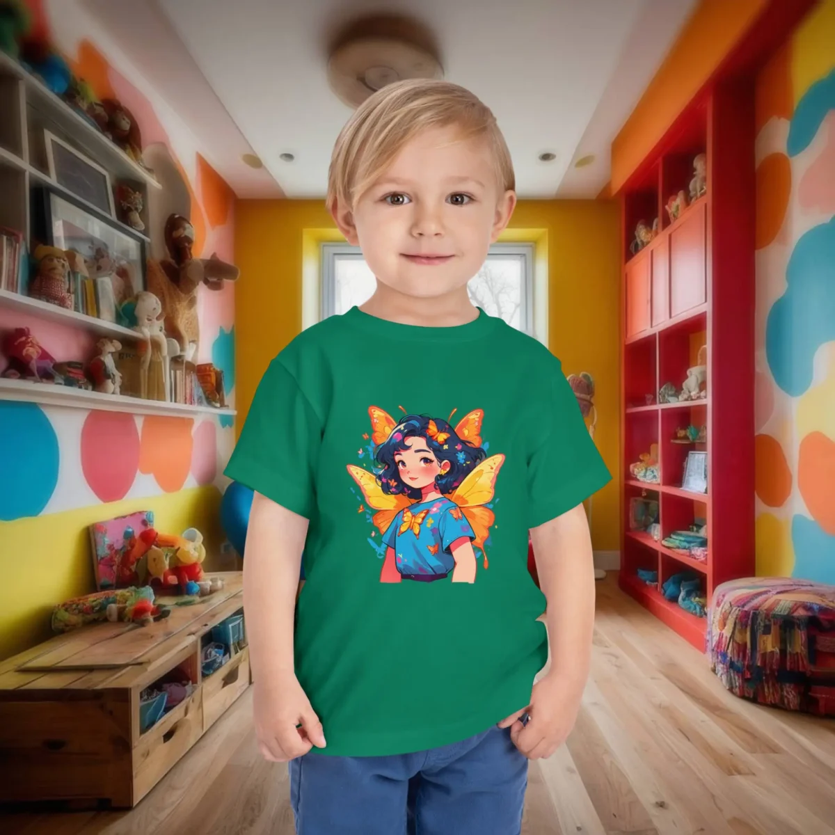 Toddler wearing green t-shirt with butterfly-themed superheroine design.