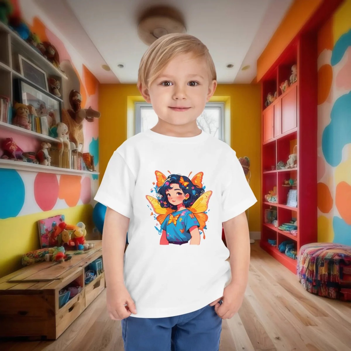 Toddler wearing white t-shirt with cartoon superheroine and butterflies.
