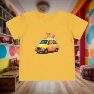 Flat lay of yellow toddler t-shirt with cartoon taxi and characters design.