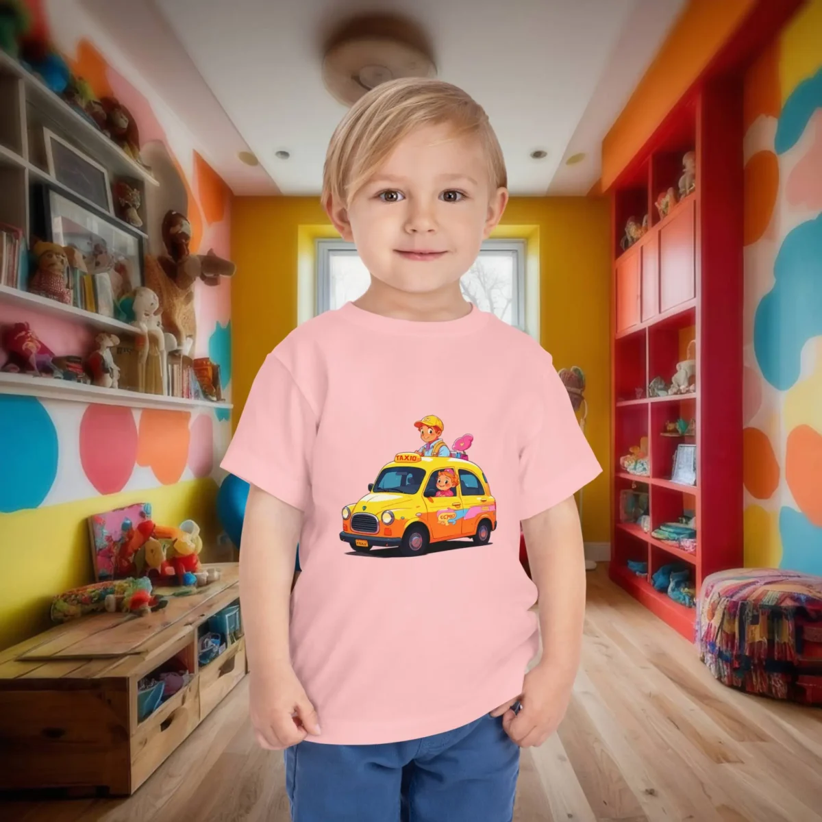 Toddler wearing light pink t-shirt with animated taxi and children cartoon.