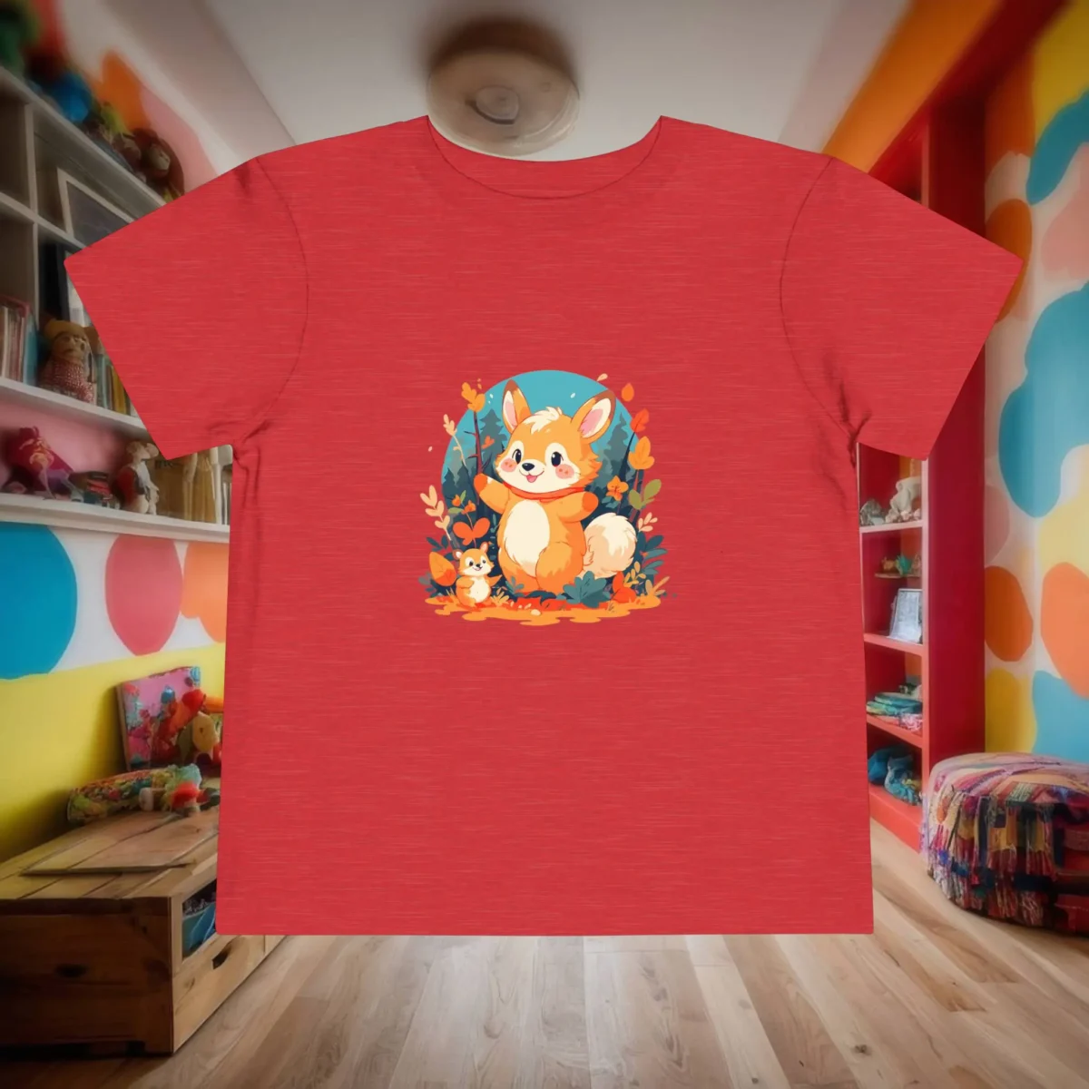 Red toddler t-shirt with a cute cartoon fox design in an autumn forest theme, displayed flat.