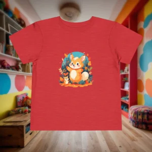 Red toddler t-shirt with a cute cartoon fox design in an autumn forest theme, displayed flat.