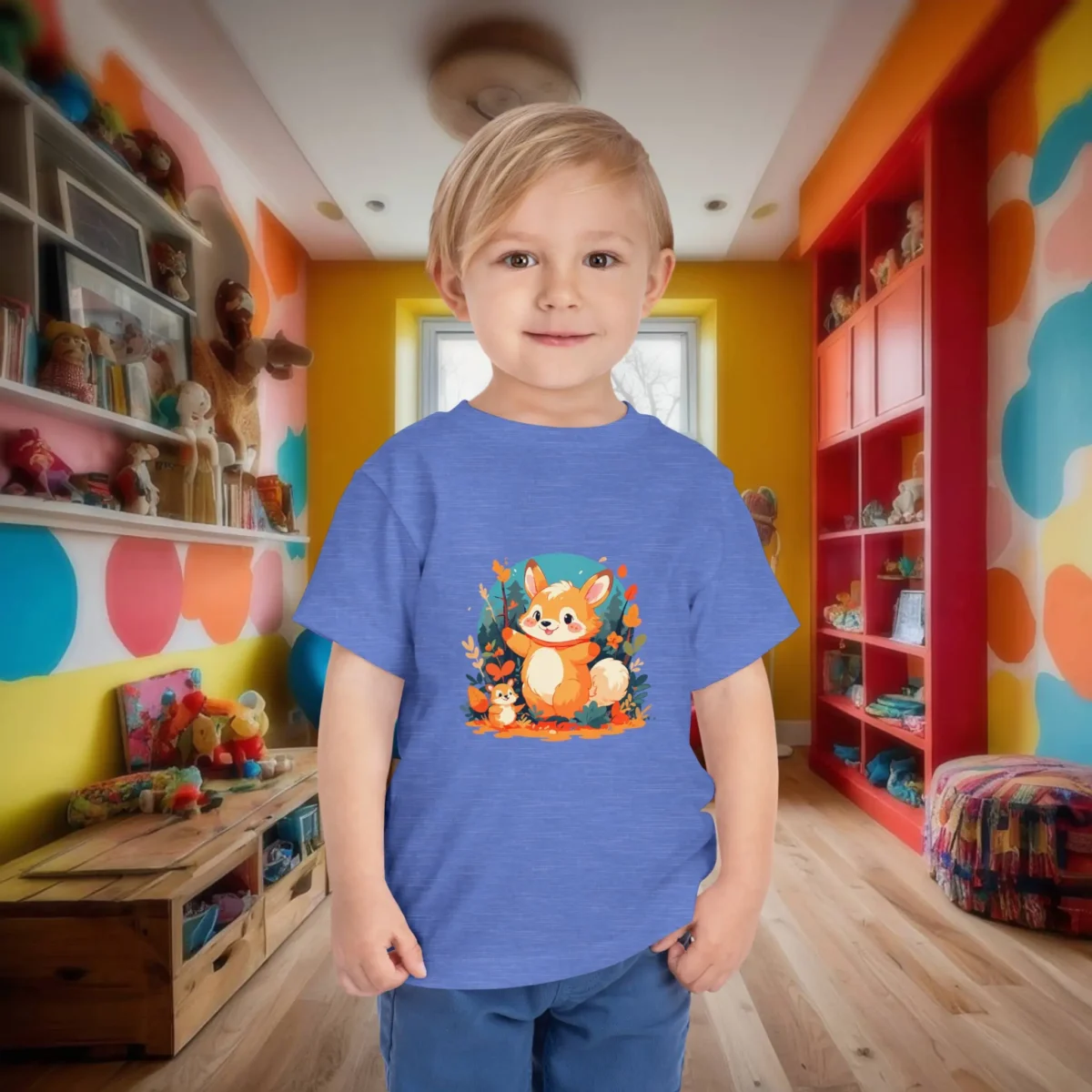Toddler wearing a blue t-shirt with a cartoon fox surrounded by autumn leaves and trees.
