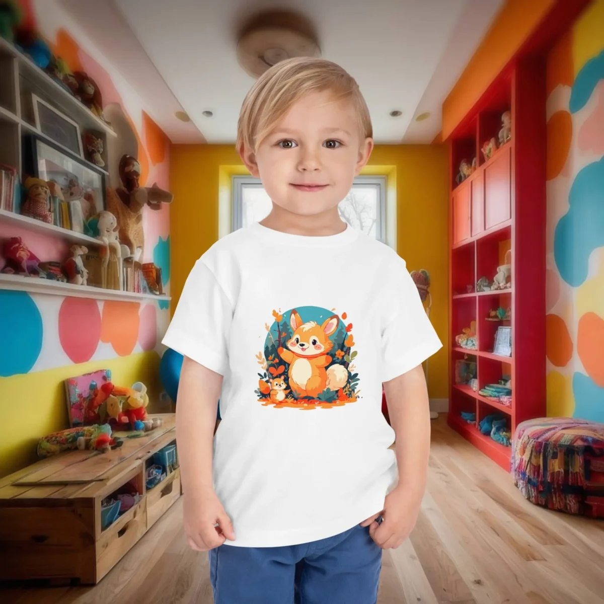 Young child wearing a white t-shirt with a colorful autumn-themed fox illustration.